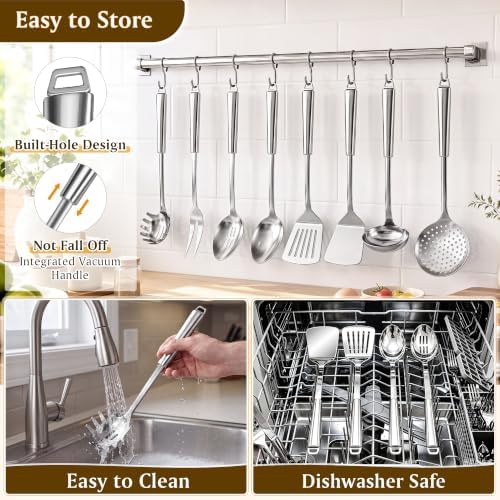 9 Pcs Cooking Utensils Set, 304 Stainless Steel Kitchen Utensils, Heat Resistant Metal Kitchen Tools Include Solid & Slotted Spatula, Serving Spoon, Ladle, Pasta Spoon, Fork, Tongs, Dishwasher Safe - Image 5