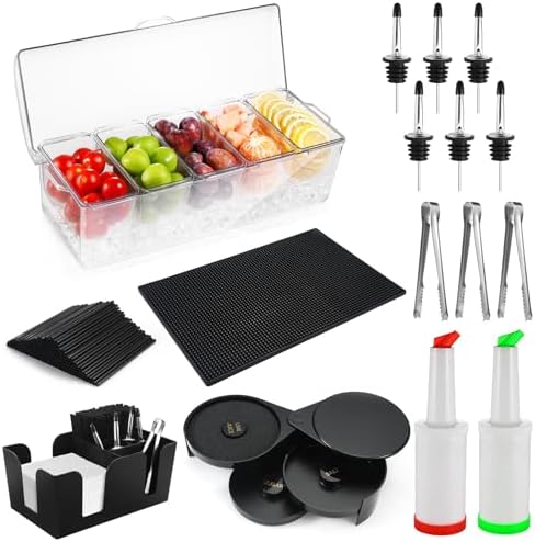 Bartending Supplies - 18" x 12" Bar Mat Garnish Tray with Lid Bar Caddy 3 Tier Bar Glass Rimmer, 2 Plastic Juice Pour Bottles 3 Mini Tongs 12 Classic Liquor Bottle Pourers 500 Cocktail Straws(Clear) by NewEle