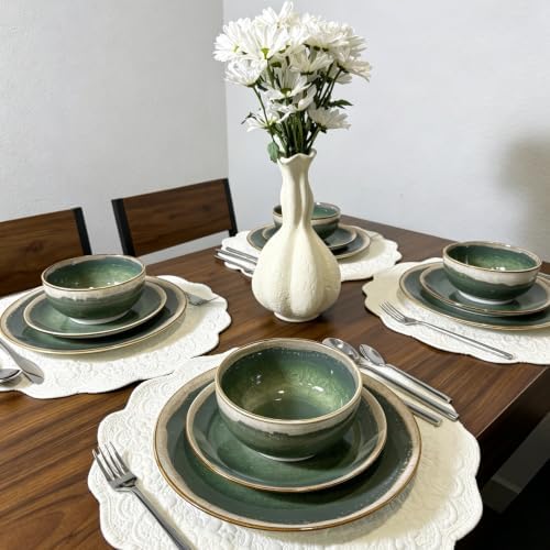 Sweejar 12 Pieces Ceramic Dinnerware Sets for 4, Moss Green - Image 6