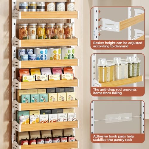 8-Tier Pantry Door Organizer, Over the Door Pantry Organizer with Wooden Adjustable Baskets, 2 IN 1 Spice Rack Wall Mount or Door Organizer, Door Spice Rack for Pantry（72.6×17.1×5.1in,White) - Image 4