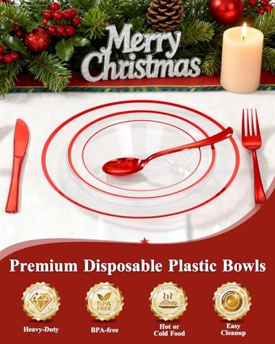 BESTSTAR 100 Pack clear Plastic Bowls with Red Rim - Image 3