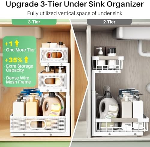 Kitstorack Under Sink Organizer, 1-Pack 3-Tier Height Adjustable Thickened Metal Pull out Cabinet Organizer Shelf, Slide out Storage Drawer Rack for Bathroom Kitchen Pantry Home Laundry Organization - Image 3
