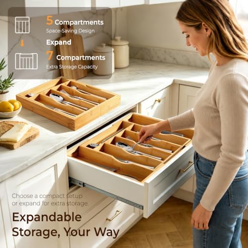 Expandable Bamboo Kitchen Drawer Organizer for Cutlery and Utensils, Adjustable Bamboo Wood Cutlery Tray in Drawer for Flatware and Silverware in Kitchen, (Natural) - Image 5