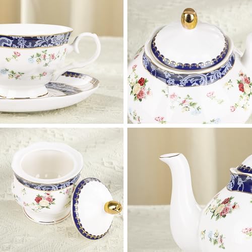 fanquare 21-Piece Blue Lace and Roses Bone China Tea Sets for Adults - Image 3