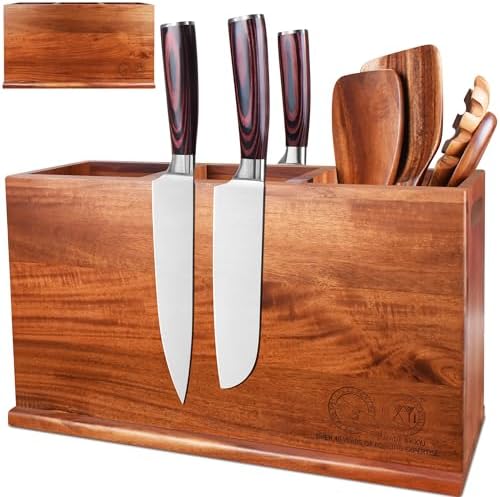 XYJ Acacia Wood Utensil Holder with Magnetic Exterior ・3-Compartment by XYJ