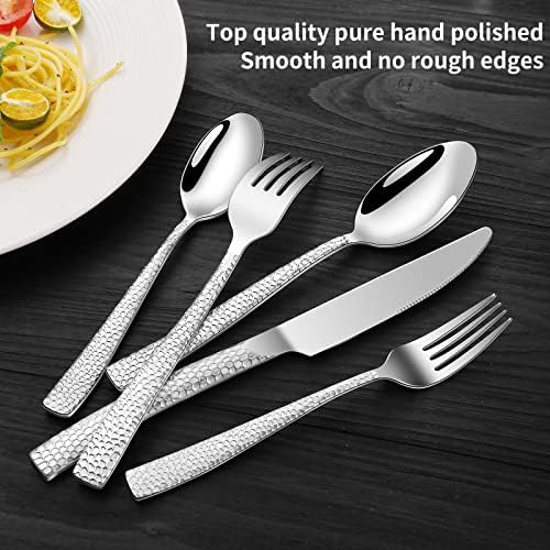 40-Piece Silverware Set, Silver Hammered Stainless Steel Flatware Sets for 8, Food-Grade Tableware Set, Including Fork Knife Spoon Set, Home Kitchen Cutlery Sets, Dishwasher Safe - Image 6