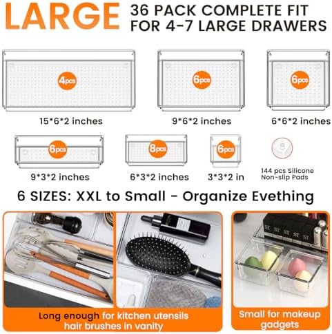Criusia 36 Pack Large Clear Plastic Drawer Organizer Bins - 6 Size Acrylic Kitchen Drawer Organization and Storage for Utensils Gadgets, Office Bathroom and Vanity Organizer for Makeup Accessoires - Image 2