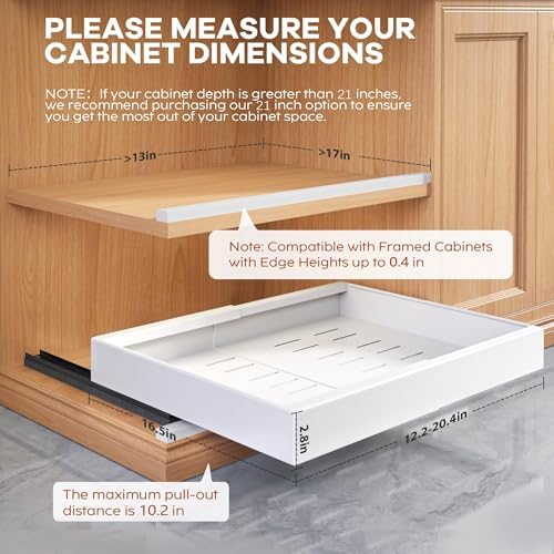 Seinloes 1 Pack Expandable Pull Out Cabinet Organizer 21" Deep with Raising Pad for Framed Cabinets,Upgrade 3 Slide Rails Slide Out Drawers,Roll Out Shelves Adhesive,Adjustable Width 12.05"-20.4"White - Image 4