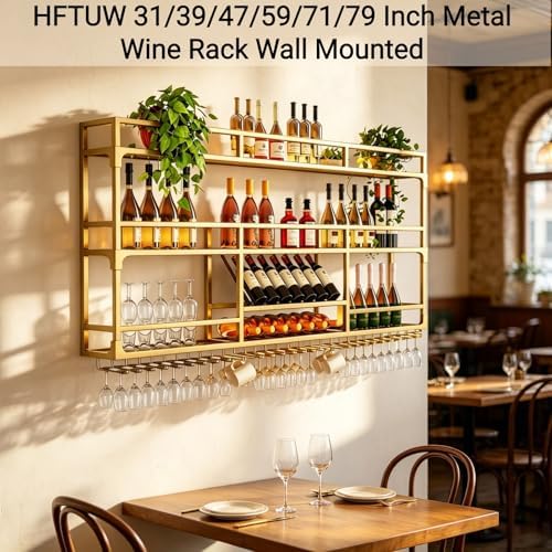 47Inch Metal Wall-Mounted Wine Rack with LED Light - 3 Tier Wine Storage Display Rack with Glass Holder - Space-Saving Bottle Display Shelf for Home Bars, Dining Rooms, Gold - Image 5