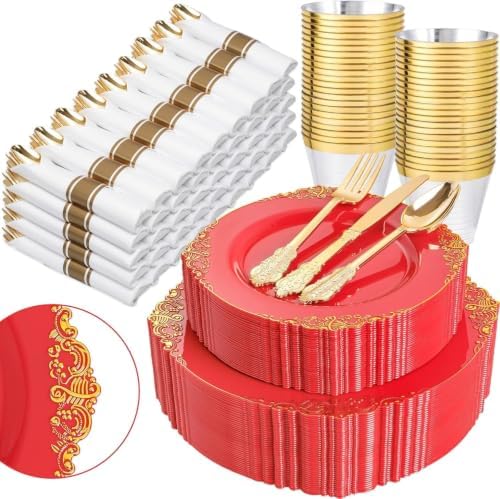 Nervure 350Pcs Red Plastic Plates, Disposable Dinnerware Set for 50 Guests by Nervure