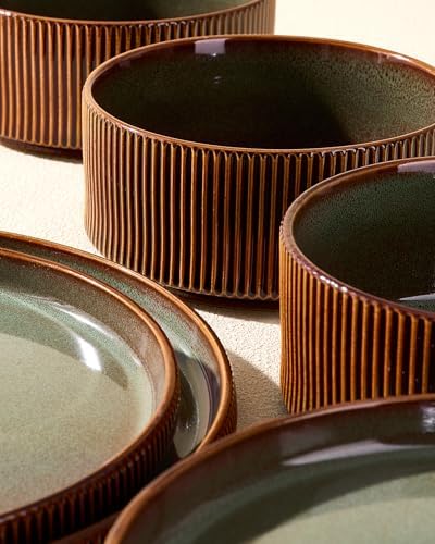 Dinnerware Set for 6, Ceramic Ribbed Plates, Bowls, Dishes - Image 4