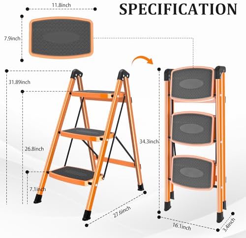 DIAMONDFORGE 3 Step Ladder, Folding Step Stool with Anti-Slip Wide Pedal, Soft Handle, Anti-Slip Feet, Sturdiest Steel Construction, 500lbs Capacity Steel Ladder for Home and Office, Orange - Image 7