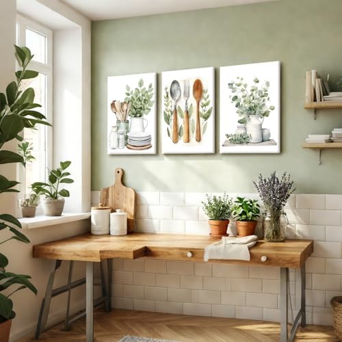 Doqueodas 3Pcs Sage Green Farmhouse Kitchen Canvas Wall Art 16x24Inch Frame - Image 2