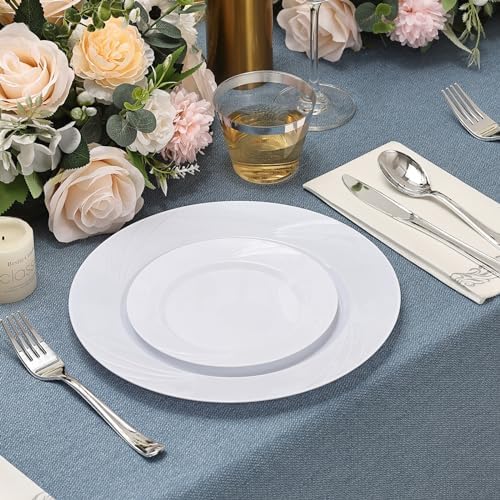700-Piece White Swirls Plastic Dinnerware Set for 100 Guests, Elegant Disposable Dinnerware for Party, Wedding. Includes 10.25" Dinner Plates, 6.5" Dessert Plates, Silverware, Napkins, Cups - Image 4