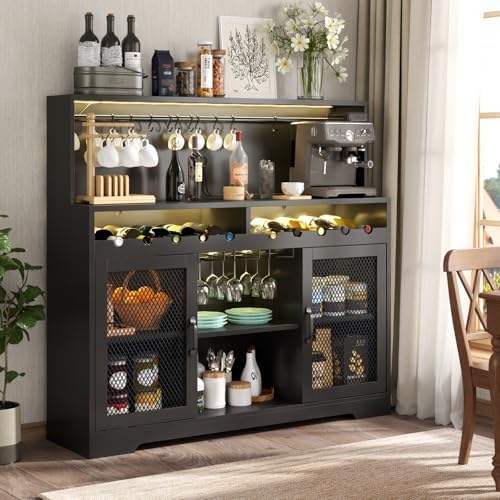 Loomie Wine Bar Cabinet with LED Light, Liquor Cabinet with Glass Holder, Coffee Bar for Liquor, Storage Buffet with Wine Racks, Wine Cabinet with Mesh Door (Black) - Image 5