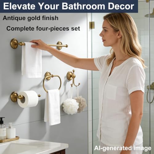 Antique Brass 4-Piece Bathroom Hardware Set Adjustable Towel Bar 13-24" - Image 6