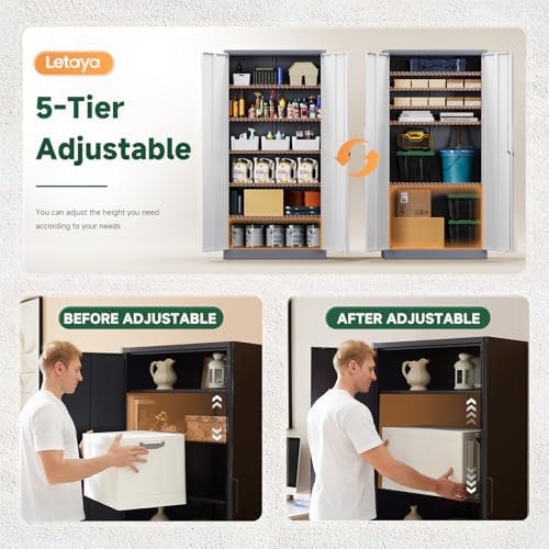 Letaya Metal Storage Cabinet with Lock Door and 5 Shelves,6 Tier Steel Garage Tool Cabinet for Home Office Utility Room 72" H X 36" W X18 D (White Gray) - Image 4