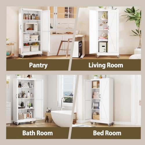 Metal Storage Cabinets with Wheels, Steel Tool Cabinets Lock Door and 3 Adjustable Shelves for Home Office, Garage, Kitchen (White, 61" H) - Image 6