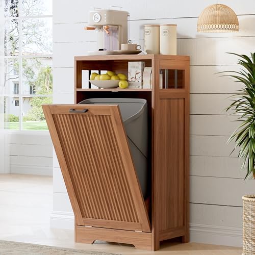 Pet-Proof Single 13 Gallon Tilt Out Trash Can Cabinet with Open Storage – Hide Garbage & Recycling Bins to Keep Your Kitchen Clean and Organized,Walnut by JMHDYG