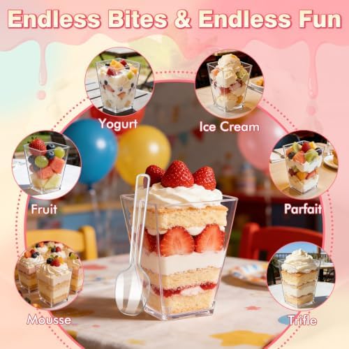 200 Pack 5oz Plastic Dessert Cups with Lids and Spoons, Clear Square - Image 6