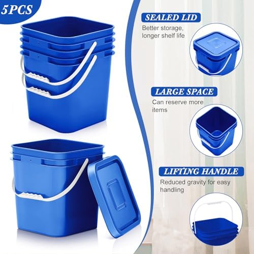 Mumufy 5 Pcs 3.5 Gallon Square Food Grade Bucket with Lid, Blue - Image 3