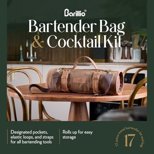 Barillio Bartender Kit Bag with Gold Cocktail Shaker Set - Waxed Canvas, Traveling Bar Tools Bag with 17-Pc Cocktail Kit - Travel Mixology Bartending Kits - Mobile Bar Roll with Strap & Accessories - Image 2