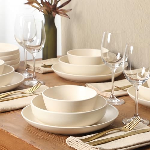 Gibson Elite Leeds Court Plates and Bowls Sets, 16-Piece Stoneware Dinnerware Sets, Cream White, Round Speckle Reactive Glaze Dish Set - Image 6