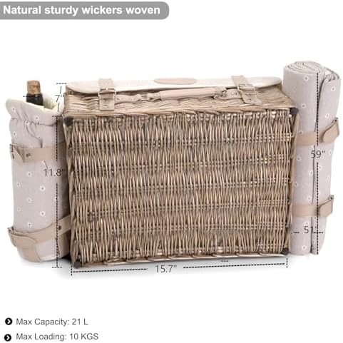 Multifunctional Wicker Picnic Basket Set for 2 with Blanket and Picnic Table, Insulated Picnic Set with Full Tablewares for Camping Outdoor Couples, Flowers - Image 3