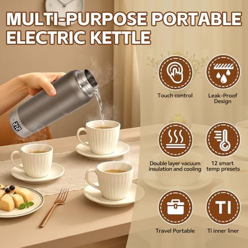 Pure Titanium Travel Kettle,Dual Voltage Portable Electric Kettle 110V-240V Smart Small Water Boiler for Tea & Coffee,12 Temperature Control,Auto Shut Off & Boil Dry Protection (Gray,520ML) - Image 3