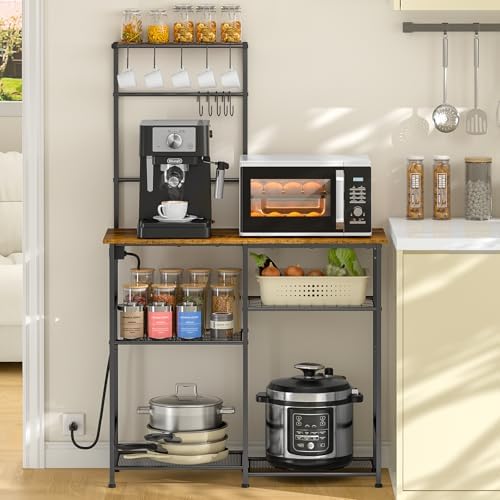 3IngSeagulls Bakers Rack with Power Outlet, Kitchen Microwave Stand with 10 S-shaped Hooks, 6-Tier Coffee Bar Station, Kitchen Storage Shelf Rack for Spices, Pots, Rustic Brown by 3IngSeagulls