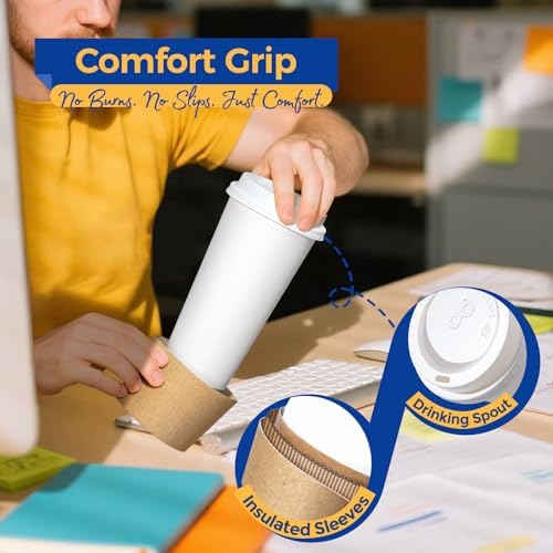 Fit Meal Prep 100 Pack 20 oz Disposable Coffee Cups with Lids, Sleeves, Leak-Proof To Go Coffee Cups with Lids, Durable Hot Paper Cups for Home, Office, Party, Business - Image 3