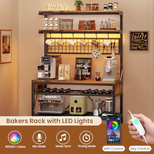 Itaar Bakers Rack with Storage and Power Outlet, 35.4 inch Coffee Bar Cabinet, Microwave Stand Kitchen Cabinet with Hutch, LED Lights, Wine Rack and Hooks, Rustic Brown - Image 3
