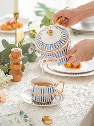 CwlwGO-Bone China Tea Cup Set of 4, Cup and Saucer Sets Service for 4 with 24 Ounces Teapot,Sugar Bowl,Creamer Pitcher,Elegant British Tea Cups for Tea Party,Gifts Box. - Image 3