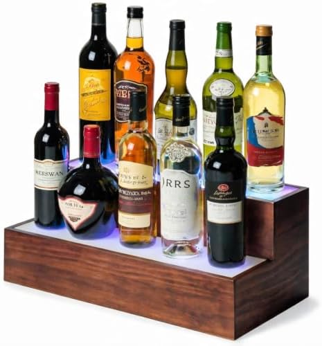 LED Liquor Bottle Display Shelf, 2 Tier Real Wood Bar Shelves for Liquor Bottles, Lighted Bar Bottle Display Shelf with Remote, Bottle Organizer for Home Bar, Holds Up to 10 Bottles, No Assembly by THYGIFTREE