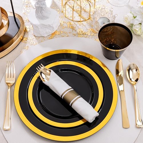 YOUBET 350PCS Black and Gold Plastic Plates for Party Wedding Halloween - Image 2