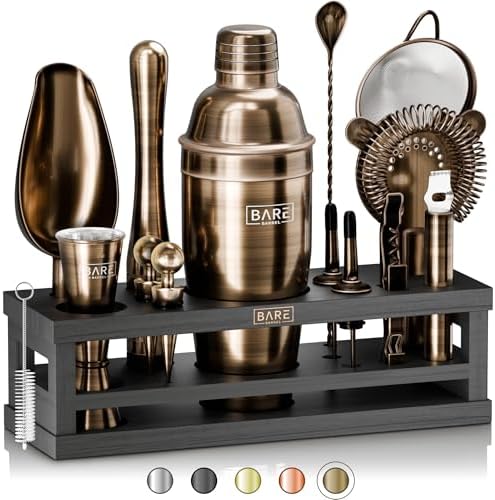 BARE BARREL® Mixology Bartender Kit Bar Set | 16-Piece Cocktail Shaker Set | Martini Barware Mixing Tools for Home Bartending | Incl. 35 Recipe Cards | Gift Set (24oz Cobbler Shaker, Brass/Black) by BareBarrel