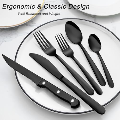 Pleafind 24Pcs Black Silverware Sets for 4 - Dishwasher Safe, Flatware Set with Steak Knives, Stainless Steel Cutlery Set, Include Forks Spoons and Knives Set, Utensil Sets for Home Restaurant - Image 6