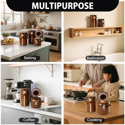 4 Piece Airtight Ceramic Canister Set With Attached Wooden Spoon Reusable Chalk Labels For Dry Goods Sugar Coffee Tea Kitchen Storage Use (Brown) - Image 4