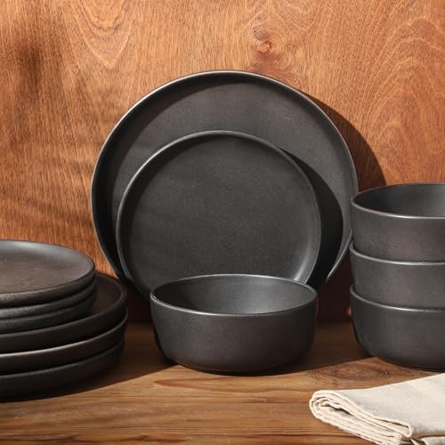 Gibson Elite Pasco 12 Piece (Service for 4) Plates and Bowls Reactive Glaze Dishes Stoneware Ceramic Dinnerware Set - Black - Image 7