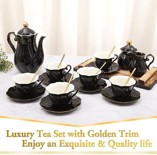 DUJUST 22 pcs Porcelain Tea Set for 6, Luxury British Style Tea/Coffee Cup Set with Golden Trim, Beautiful Tea Set for Women, Tea Party Set, Gift Package (Including a Stand) - Black - Image 2