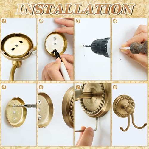 6 Pcs Antique Brass Gold Bathroom Accessories Set 15.7"-26.7" Solid Brass Towel Bar, Towel Ring, Toilet Paper Holder, Robe Hook, Wall Mounted Vintage Bath Hardware Fixture Set - Image 6
