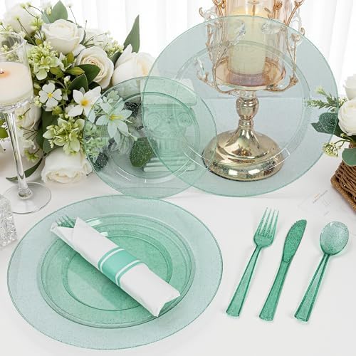 DaYammi 350PCS Green Glitter Plastic Dinnerware Set for 50 Guests - Image 4