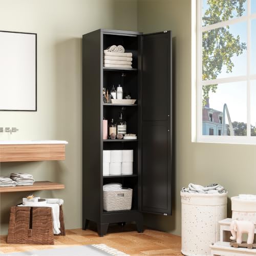 COFaR 67" Metal Pantry Cabinet, Black Storage Cabinet with Magnetic Door & 4 Adjustable Shelves, Slim Freestanding Cupboard for Office, Kitchen, Bathroom - Image 3