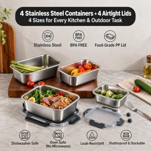 4 PCS Stainless Steel Lunch Box 4-Size Food Storage Containers with Lids - Image 2