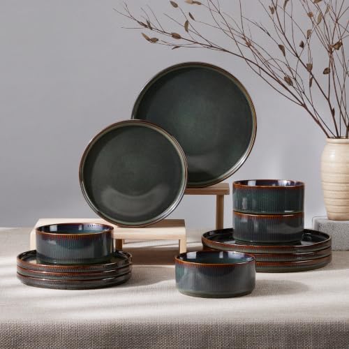 HaWare Dinnerware Sets, Plates and Bowls Set for 4, Reactive Pine Green by HaWare