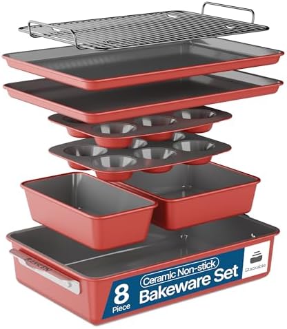 Bakken 8-Piece Ceramic Coated Bakeware Sets, Nonstick Aluminized Steel Pans with Muffin, Loaf, Cake, Roasting Pan, & Cooling Rack, Oven Safe Up To 500°F, Dishwasher Safe, BPA, PTFE & PFAS Free, Pink by BAKK%C3%8BNMASTER