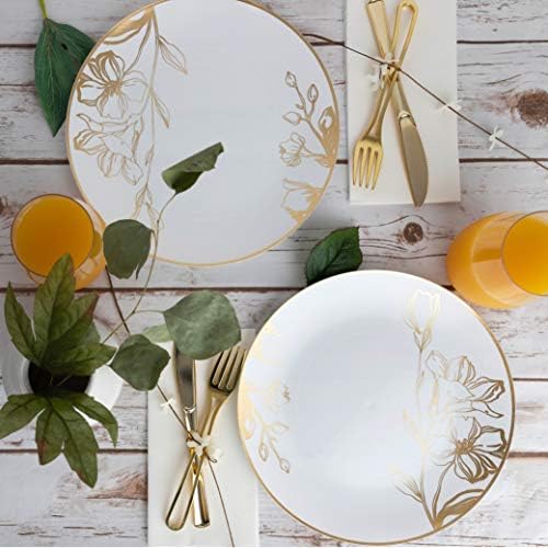 [10'' Plates 40 Count] White Plastic Floral Design Party Dinner Plates With Gold Rim Premium heavyweight Elegant Disposable Tableware Dishes - Image 4