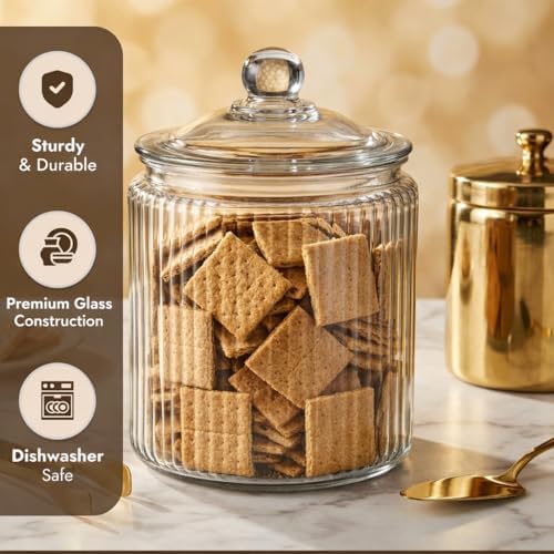 kitchentoolz 1 Gallon Ribbed Glass Cookie Jar - Large Food Storage Container with Airtight Lid - Keep Fresh Flour, Chewy Pet Treats, Candy, Dried Foods - Pack of 2 - Image 2
