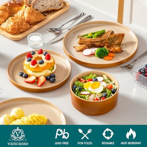 vancasso ONION Ceramic Plates and Bowls Sets, 24 Pieces Brown Dinnerware Sets for Kitchen, Reactive Glaze Dishes Set for 8, Dishwasher and Microwave Safe - Image 3