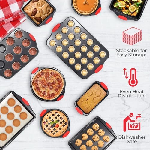 PERLLI Non-Stick 10-Piece Baking Pan Set, BPA-Free Carbon Steel Bakeware Set with Silicone Handles, Stackable Kitchen Oven Set, Cookie Sheet, Baking Tray, Baking Sheet Set, Oven Safe (446°F) - Image 4